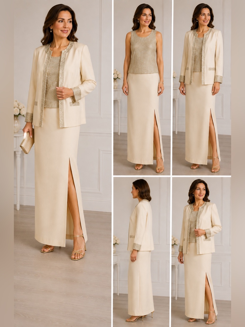 Jovani 100% Silk Beaded 3-Piece Evening Skirt Suit Light Cream Size 8